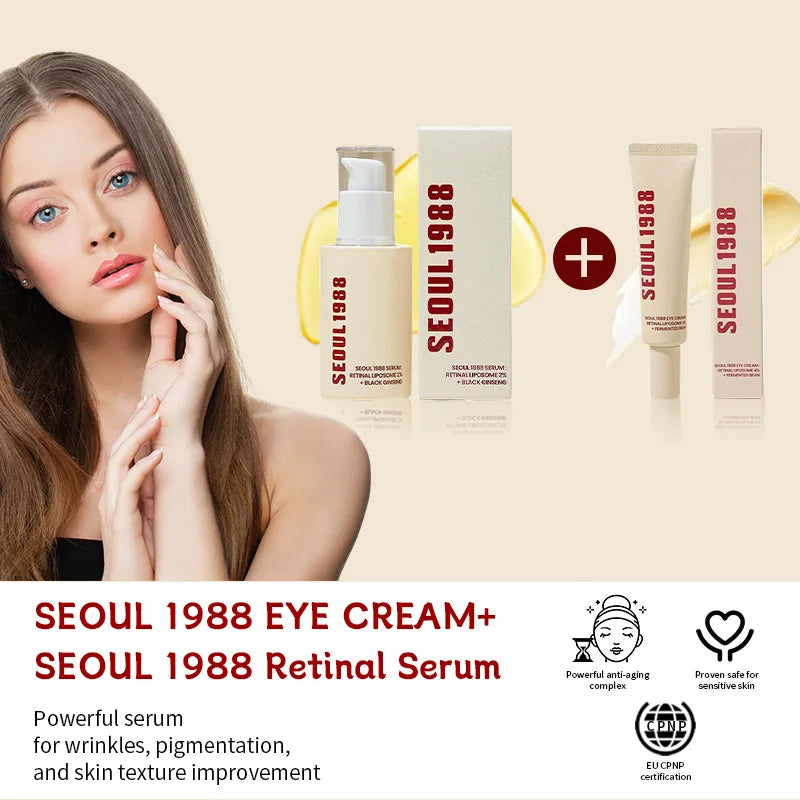 Sérum Rétinol Visage SEOUL 1988 + Crème Contour des Yeux – Anti-Âge, Anti-Rides, Ginseng Noir 2%, Rétinal Liposome 4%