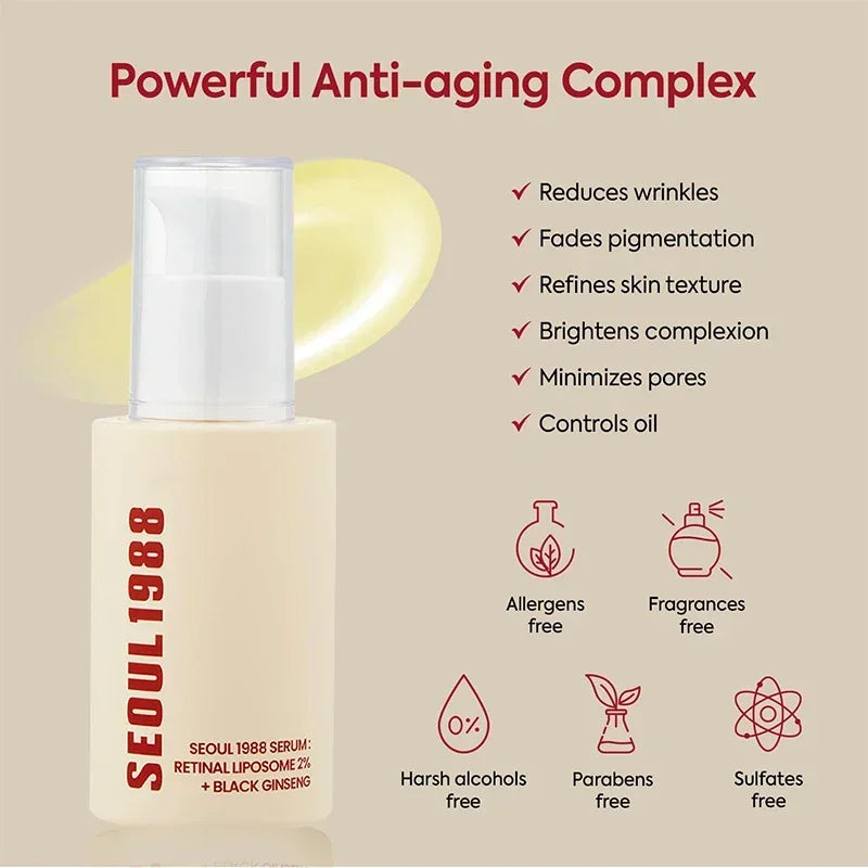 Sérum Rétinol Visage SEOUL 1988 + Crème Contour des Yeux – Anti-Âge, Anti-Rides, Ginseng Noir 2%, Rétinal Liposome 4%