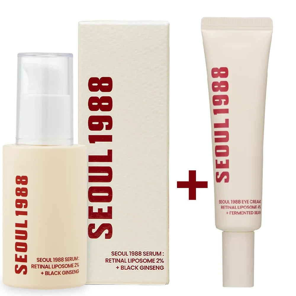 Sérum Rétinol Visage SEOUL 1988 + Crème Contour des Yeux – Anti-Âge, Anti-Rides, Ginseng Noir 2%, Rétinal Liposome 4%